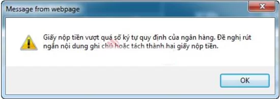 Cảnh báo về nội dung Giấy nộp tiền khi vượt quá ký tự cho phép